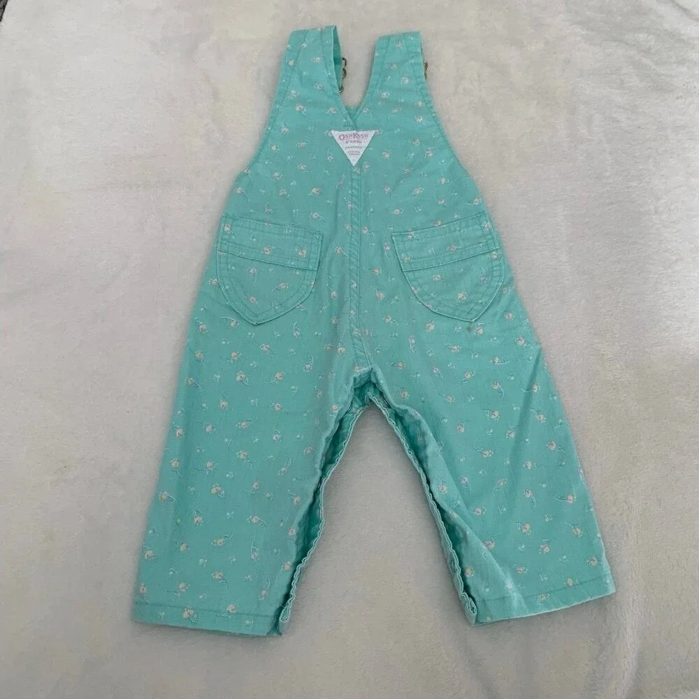 Vintage OshKosh Bgosh Mint Green Floral Corduroy Overalls 12M Made‎ in USA